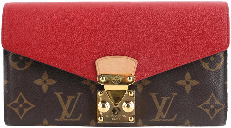Authentic Louis Vuitton Classic Monogram and Red Calfskin Leather Pallas  Compact Wallet